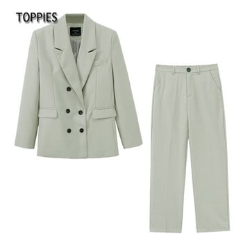 Toppies 2022 Spring Blazer + Παντελόνι Γυναικείο Σετ Γυναικείο Κοστούμι με διπλό στήθος Σακάκι ψηλόμεσο παντελόνι