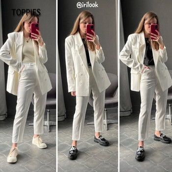 Toppies 2022 Spring Blazer + Παντελόνι Γυναικείο Σετ Γυναικείο Κοστούμι με διπλό στήθος Σακάκι ψηλόμεσο παντελόνι