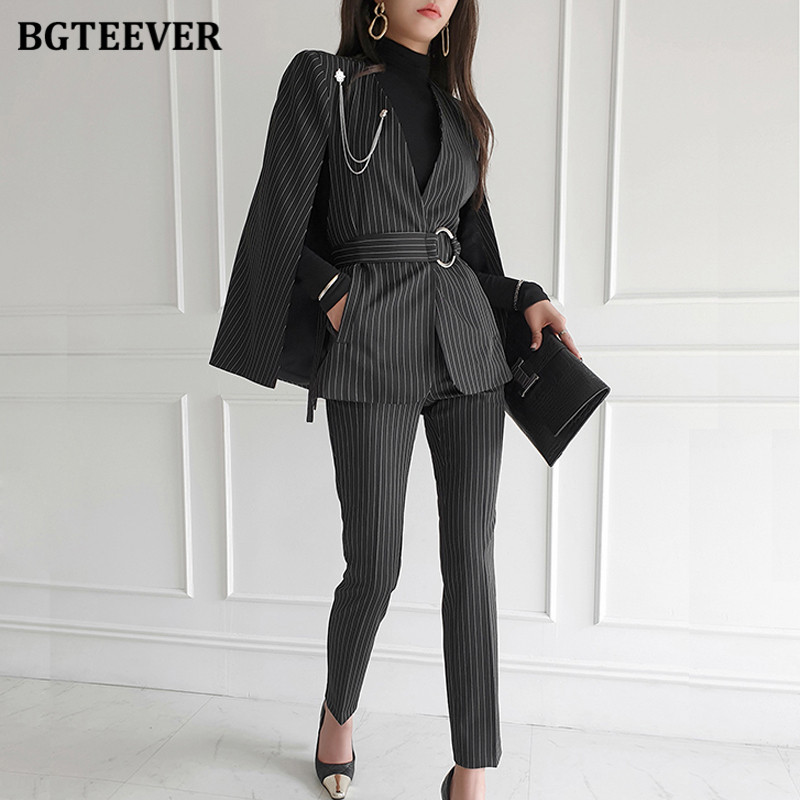 BGTEEVER stiilne naiste bleiserikomplekt rihmaga jope ja ülikonnapüksid Elegantne naiste triibuline pükskostüüm, 2-osaline 2020. aasta komplekt
