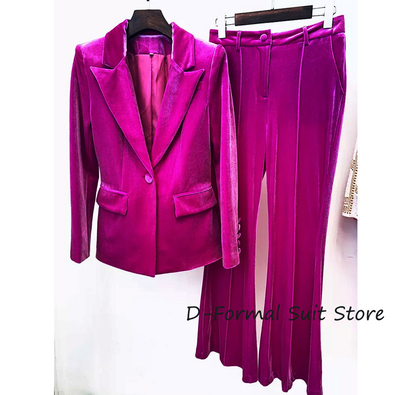 Costum 2 piese pentru femei din catifea Fashoin pentru femei, blazer și pantaloni slim fit, cu un singur piept, ocazional, ansamblu formal, set de pantaloni pentru femei