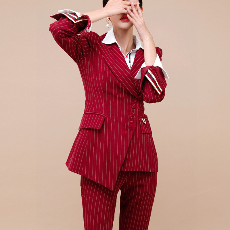 Darbiniai kelnių kostiumai OL 2 dalių rinkiniai, vienaeilis dryžuotas švarkas ir kelnių kostiumas su užtrauktuku moterims, moteriškas pavasario komplektas