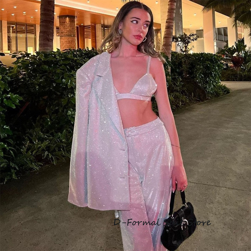 Γυναικείες φόρμες 2 τεμαχίων Μοναδικό γυαλιστερό Cool ασορτί σετ Blazer Fashion Party Night Club Παντελόνι Γυναικείο κοστούμι (τζάκετ+παντελόνι)