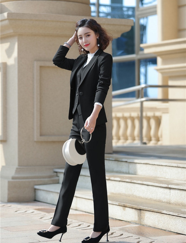 3 daļiņu komplekti Svinīgi sieviešu biznesa kostīmi ar biksēm un jakām Mētelis, veste un veste Sieviešu biroja darba apģērbi, bleizeri