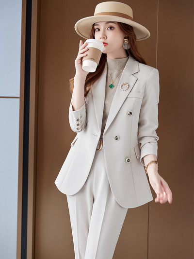 Μόδα Γυναικείο Παντελόνι Επίσημο Γυναικείο Επαγγελματικό Ρούχο Γραφείου Σετ 2 τεμαχίων Μπεζ μαύρο χακί μακρυμάνικο σακάκι και παντελόνι