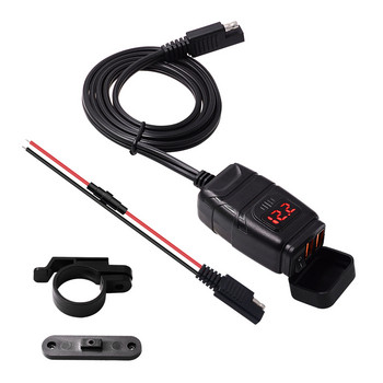 Водоустойчиво зарядно устройство за мотоциклети, монтирано на двойно USB зарядно устройство с превключвател за волтметър QC3.0 Бързо зареждане SAE към USB 24W + 24W