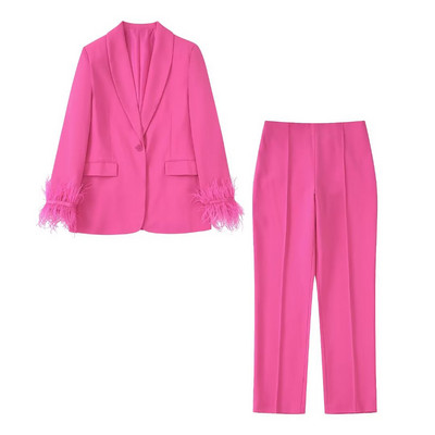 PB&ZA Seturi de sacou Toamna 2022 Nou Street Feather One Button Fashion Feminin Blazer Talie înaltă Pantaloni lați 2 set 8216707