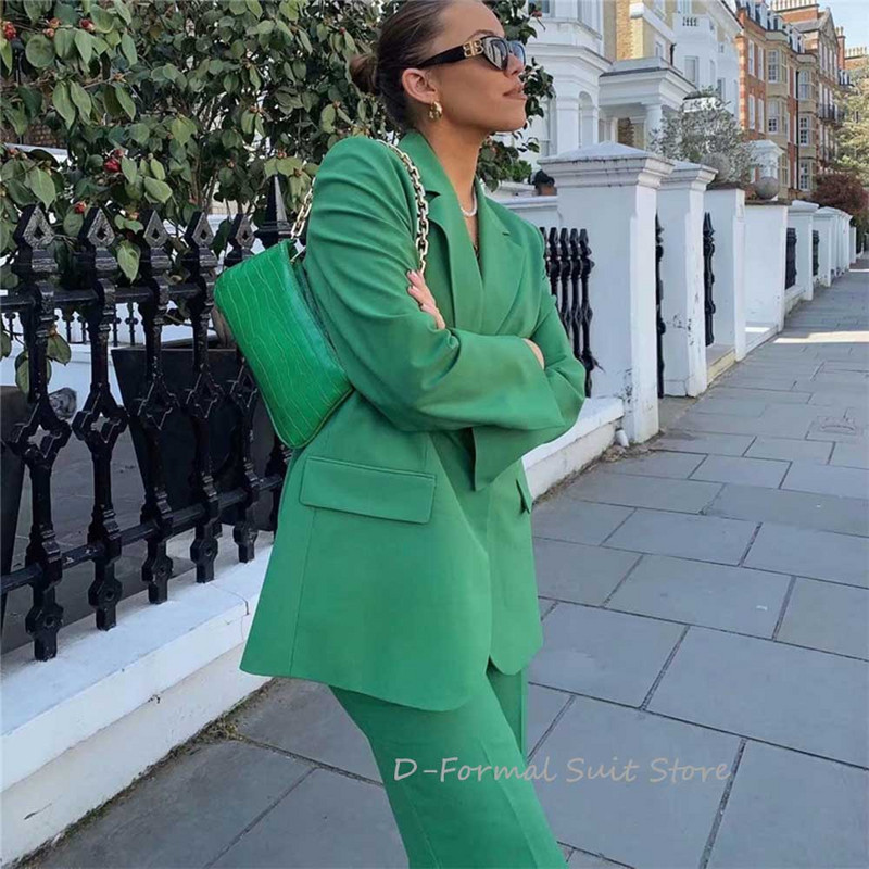 Γυναικεία 2 τεμάχια Vintage Πράσινη Φαρδιά κοστούμια Μόδα Γυναικεία Streetwear Στερεά σετ ασορτί Γυναικεία κοστούμια παντελόνι