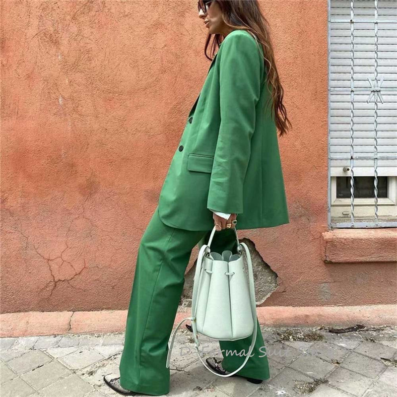 Γυναικεία 2 τεμάχια Vintage Πράσινη Φαρδιά κοστούμια Μόδα Γυναικεία Streetwear Στερεά σετ ασορτί Γυναικεία κοστούμια παντελόνι