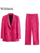 Willshela Costume pentru femei 2 piese Blazer cu un singur piept și pantaloni vintage cu fermoar în față Set de pantaloni pentru femei de birou