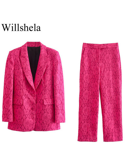 Willshela Costume pentru femei 2 piese Blazer cu un singur piept și pantaloni vintage cu fermoar în față Set de pantaloni pentru femei de birou