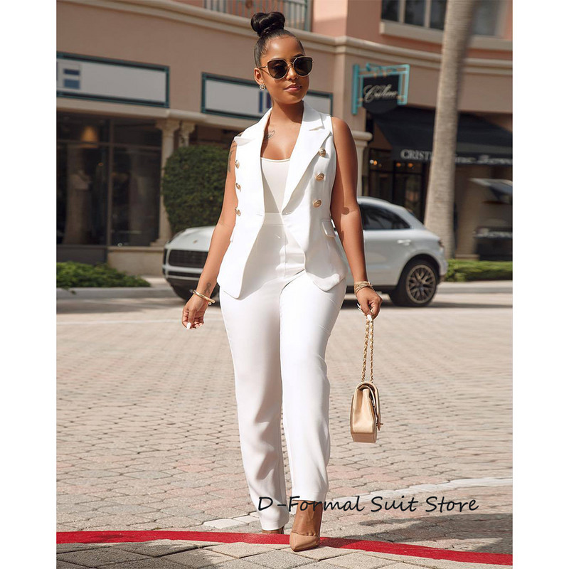 Γυναικείες στολές 2 τεμαχίων Slim Fit V λαιμόκοψη Αμάνικο κουμπί με διπλό στήθος ανοιχτό μπροστινό γιλέκο Παντελόνι Business Casual Suits Σετ