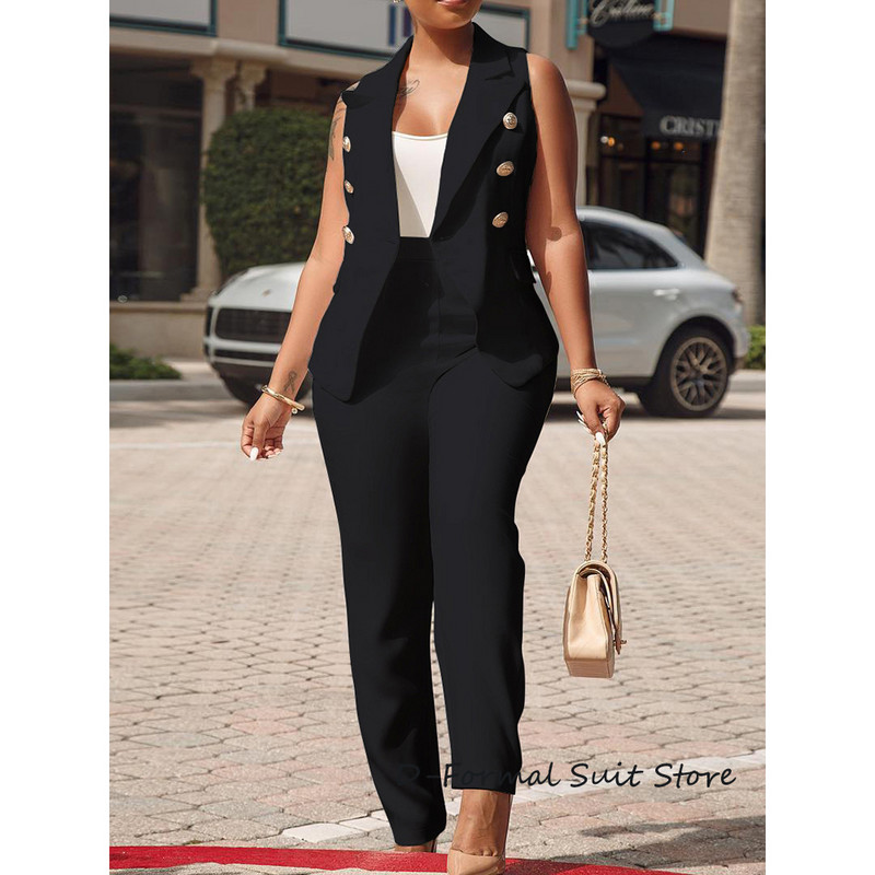 Γυναικείες στολές 2 τεμαχίων Slim Fit V λαιμόκοψη Αμάνικο κουμπί με διπλό στήθος ανοιχτό μπροστινό γιλέκο Παντελόνι Business Casual Suits Σετ