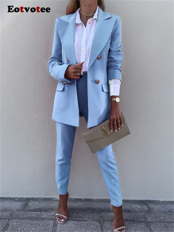 Eotvotee pükskostüümid, 2-osaline naiste 2023. aasta pükste komplekt, uus, pikkade varrukatega nööbiga bleiser, naiste kõrge vöökohaga pliiats vabaaja pükste komplekt