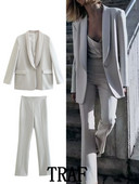 TRAF 2023 naiste 2-osalised komplektid Moodsad siidi-satiinpaneelidega ühe nööbiga bleiser + kõrge vöökohaga laienevad pikad püksid põhjuslikud komplektid
