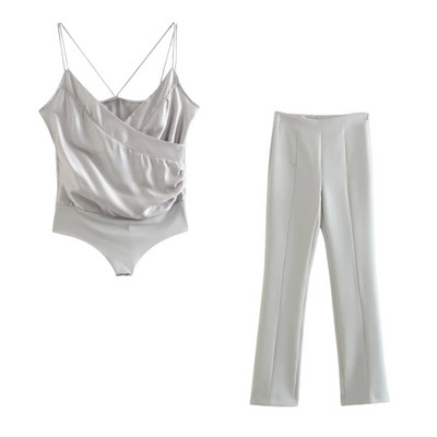 TRAF 2023 naiste 2-osalised komplektid Moodsad siidi-satiinpaneelidega ühe nööbiga bleiser + kõrge vöökohaga laienevad pikad püksid põhjuslikud komplektid