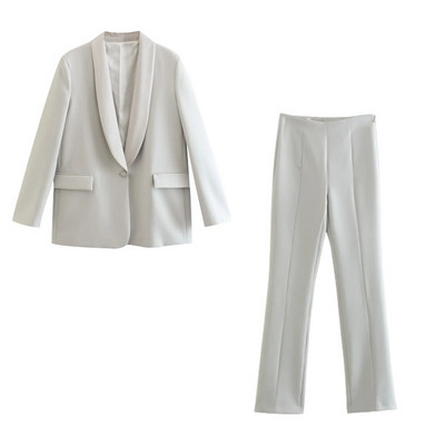 TRAF 2023 naiste 2-osalised komplektid Moodsad siidi-satiinpaneelidega ühe nööbiga bleiser + kõrge vöökohaga laienevad pikad püksid põhjuslikud komplektid