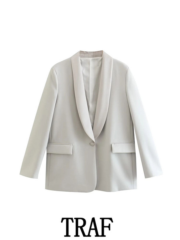 TRAF 2023 naiste 2-osalised komplektid Moodsad siidi-satiinpaneelidega ühe nööbiga bleiser + kõrge vöökohaga laienevad pikad püksid põhjuslikud komplektid