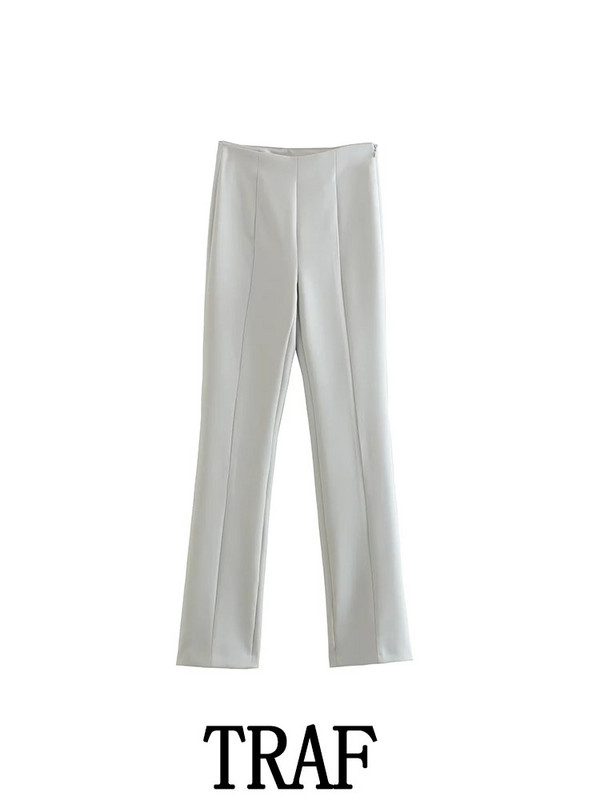 TRAF 2023 naiste 2-osalised komplektid Moodsad siidi-satiinpaneelidega ühe nööbiga bleiser + kõrge vöökohaga laienevad pikad püksid põhjuslikud komplektid