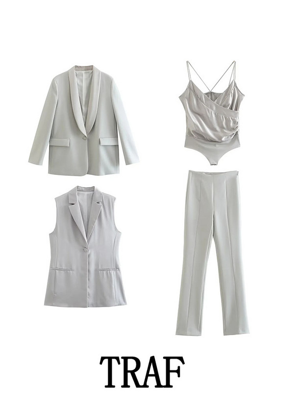 TRAF 2023 naiste 2-osalised komplektid Moodsad siidi-satiinpaneelidega ühe nööbiga bleiser + kõrge vöökohaga laienevad pikad püksid põhjuslikud komplektid