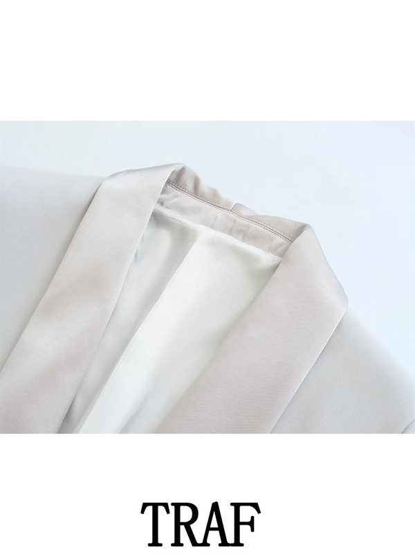 TRAF 2023 naiste 2-osalised komplektid Moodsad siidi-satiinpaneelidega ühe nööbiga bleiser + kõrge vöökohaga laienevad pikad püksid põhjuslikud komplektid