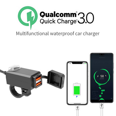 Motocikla lādētājs Daudzfunkciju ūdensizturīgs Dual USB Adapter 12V Tālrunis Dual Quick Charge 3.0 5V 3.1A ar Switch Moto piederumu