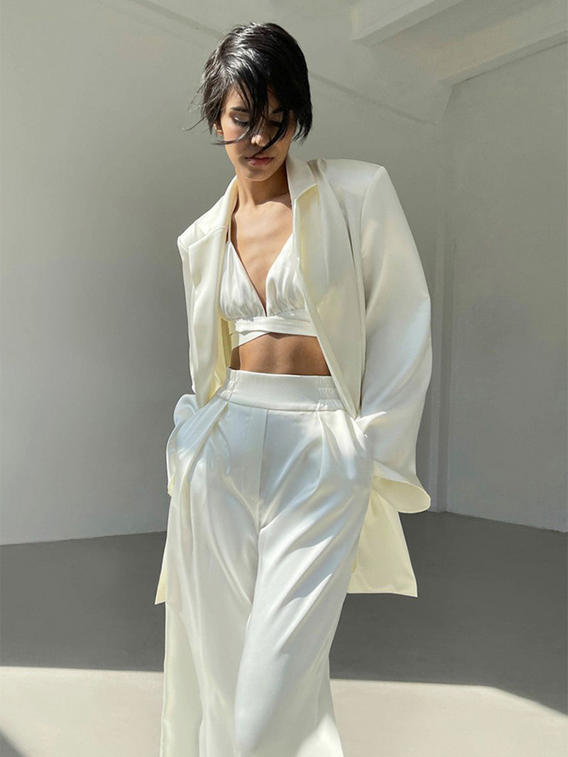 Biroja sieviešu žakete kostīmi eleganti satīna ikdienas tērpi trīsdaļīga sieviešu veste + žakete ar garām piedurknēm + plats bikšu komplekts ar augstu vidukli