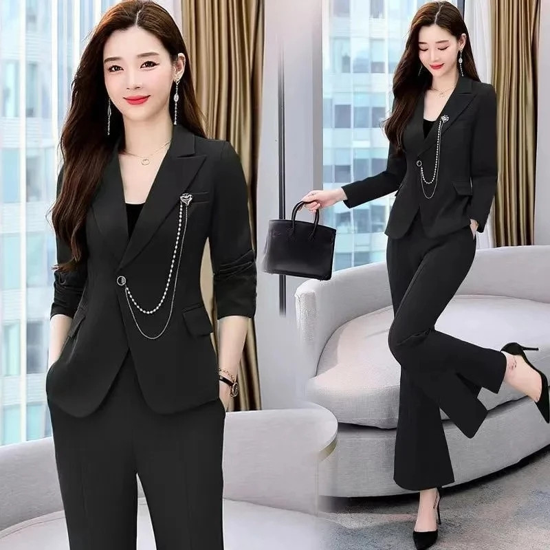 Uredska dama Elegantna jakna dugih rukava s lancem bez podstave i odijelo s širokim hlačama visokog struka Vintage dvodijelni komplet ženske odjeće