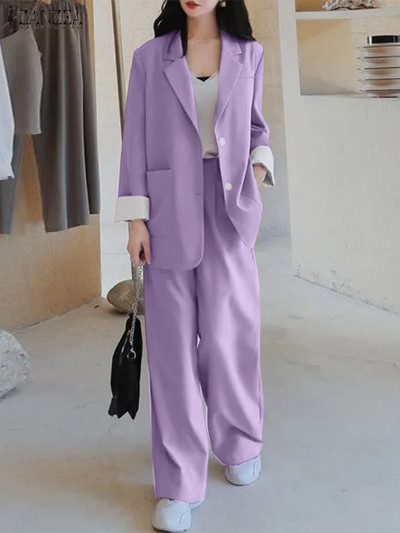Blazer cu mânecă lungă de modă Seturi de pantaloni cu picioare largi ZANZEA 2BUC Costume de lucru OL pentru femei elegante de toamnă Seturi asortate, pline, ținute