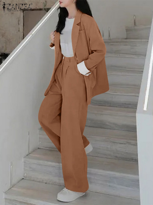 Blazer cu mânecă lungă de modă Seturi de pantaloni cu picioare largi ZANZEA 2BUC Costume de lucru OL pentru femei elegante de toamnă Seturi asortate, pline, ținute