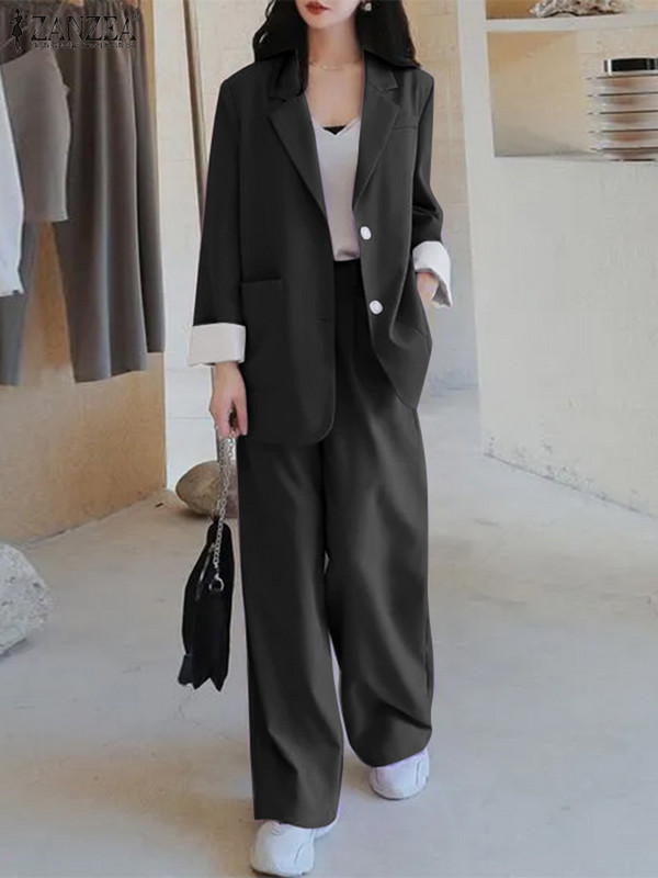Blazer cu mânecă lungă de modă Seturi de pantaloni cu picioare largi ZANZEA 2BUC Costume de lucru OL pentru femei elegante de toamnă Seturi asortate, pline, ținute