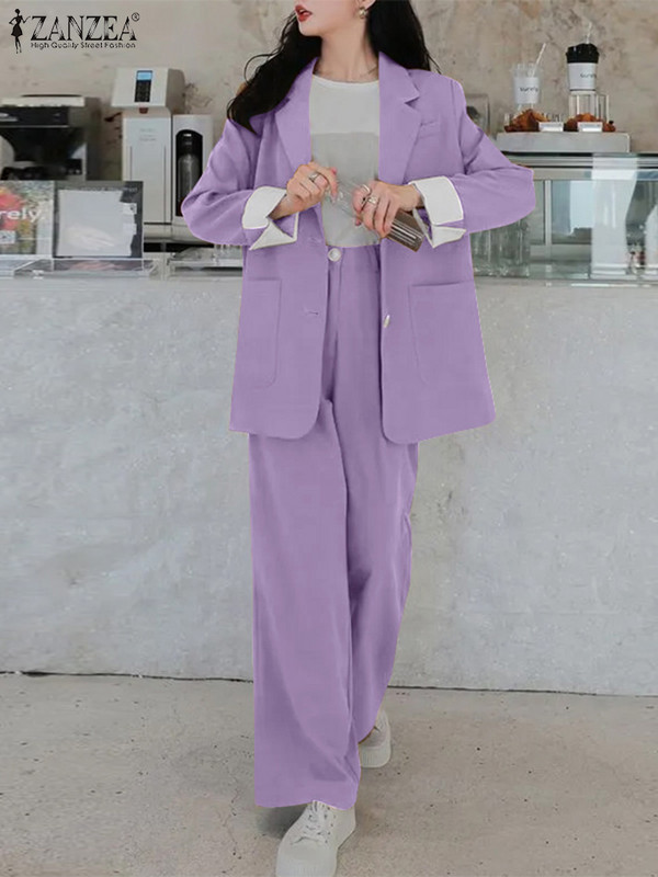 Blazer cu mânecă lungă de modă Seturi de pantaloni cu picioare largi ZANZEA 2BUC Costume de lucru OL pentru femei elegante de toamnă Seturi asortate, pline, ținute