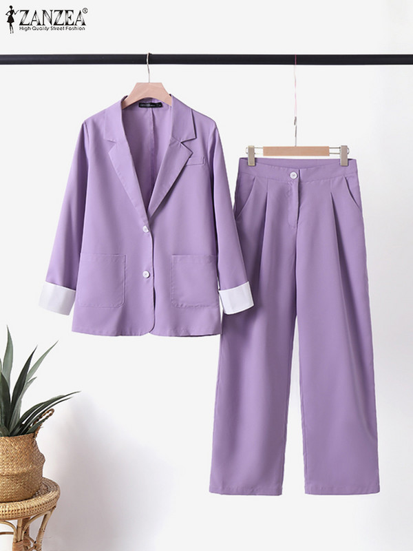 Blazer cu mânecă lungă de modă Seturi de pantaloni cu picioare largi ZANZEA 2BUC Costume de lucru OL pentru femei elegante de toamnă Seturi asortate, pline, ținute
