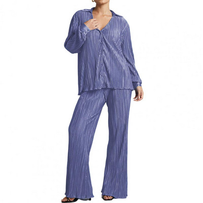 2 buc/set femei cămașă pantaloni costum culoare solidă cu mâneci lungi ocazional piele-touch pantaloni lungime întreagă cardigan cu un singur piept