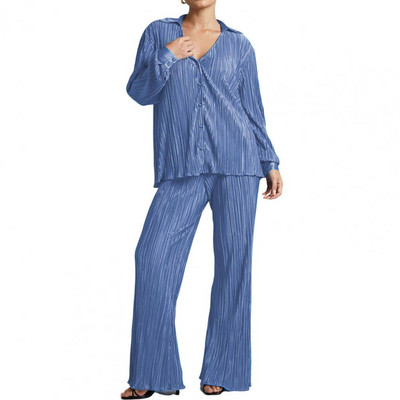 2 buc/set femei cămașă pantaloni costum culoare solidă cu mâneci lungi ocazional piele-touch pantaloni lungime întreagă cardigan cu un singur piept