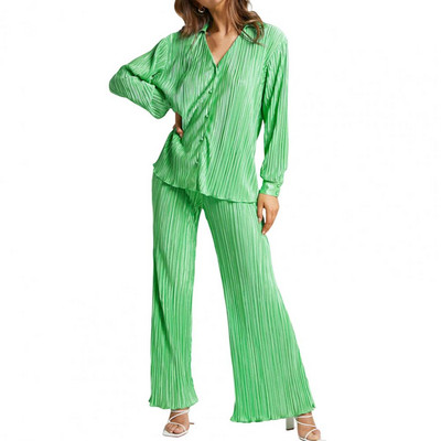 2 buc/set femei cămașă pantaloni costum culoare solidă cu mâneci lungi ocazional piele-touch pantaloni lungime întreagă cardigan cu un singur piept