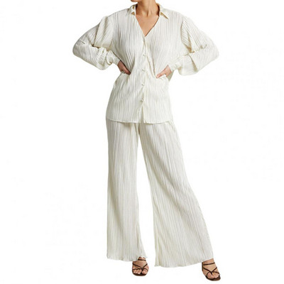 2 buc/set femei cămașă pantaloni costum culoare solidă cu mâneci lungi ocazional piele-touch pantaloni lungime întreagă cardigan cu un singur piept