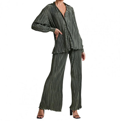 2 buc/set femei cămașă pantaloni costum culoare solidă cu mâneci lungi ocazional piele-touch pantaloni lungime întreagă cardigan cu un singur piept