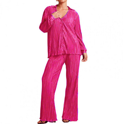 2 buc/set femei cămașă pantaloni costum culoare solidă cu mâneci lungi ocazional piele-touch pantaloni lungime întreagă cardigan cu un singur piept