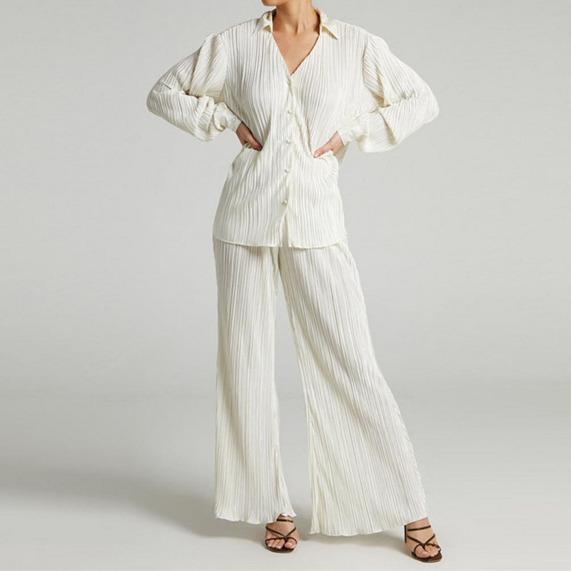 2 buc/set femei cămașă pantaloni costum culoare solidă cu mâneci lungi ocazional piele-touch pantaloni lungime întreagă cardigan cu un singur piept