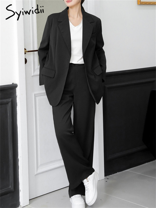 Syiwidii naiste ülikondade kontorikomplektid 2023. aasta uus ülisuur, soliidne pikkade varrukatega bleiser, naiste kõrge vöökohaga vabaaja laiade ülikondade pükste komplekt