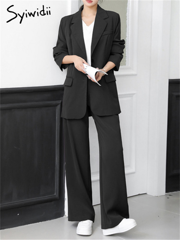Syiwidii naiste ülikondade kontorikomplektid 2023. aasta uus ülisuur, soliidne pikkade varrukatega bleiser, naiste kõrge vöökohaga vabaaja laiade ülikondade pükste komplekt