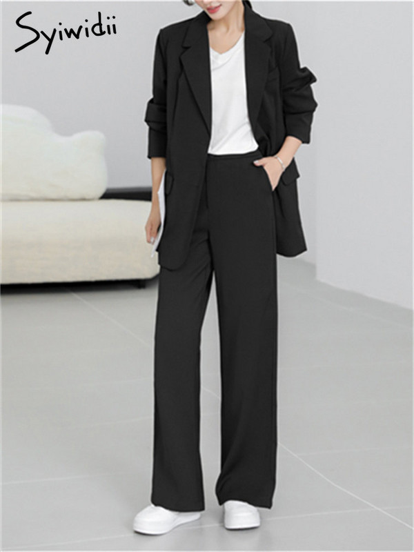 Syiwidii naiste ülikondade kontorikomplektid 2023. aasta uus ülisuur, soliidne pikkade varrukatega bleiser, naiste kõrge vöökohaga vabaaja laiade ülikondade pükste komplekt