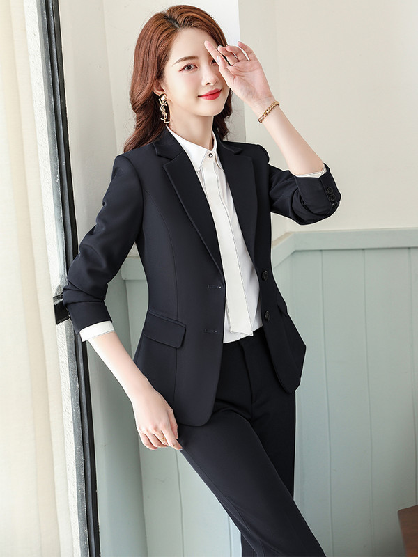 Μαύρο Μπλε Γκρι Σετ 2 τεμαχίων Γυναικείο Παντελόνι Γραφείο Γυναικείο Επίσημο Επαγγελματικό Επαγγελματικό Σακάκι και παντελόνι