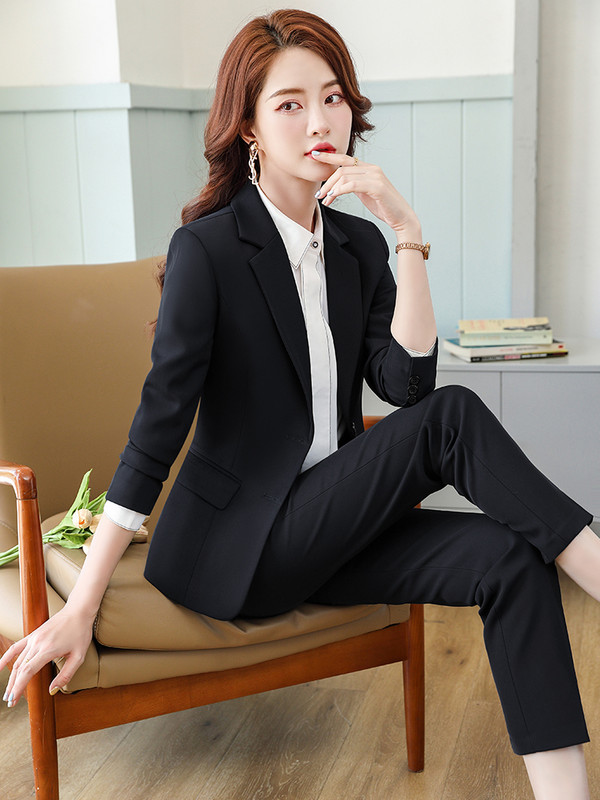Μαύρο Μπλε Γκρι Σετ 2 τεμαχίων Γυναικείο Παντελόνι Γραφείο Γυναικείο Επίσημο Επαγγελματικό Επαγγελματικό Σακάκι και παντελόνι