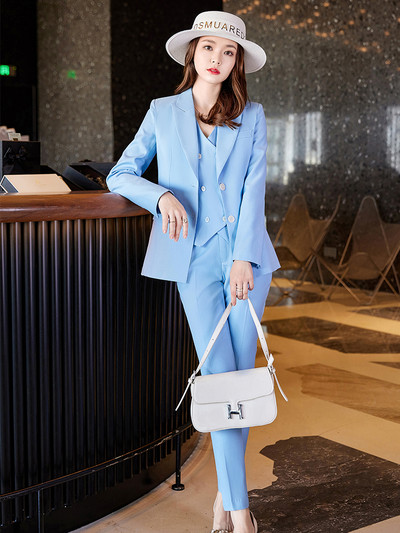 Visokokvalitetni ženski odijelo s hlačama, ženski ružičasto plavi tamnoplavi kaki formalni sako, prsluk i hlače od 3 dijela, komplet za posao i poslovnu odjeću