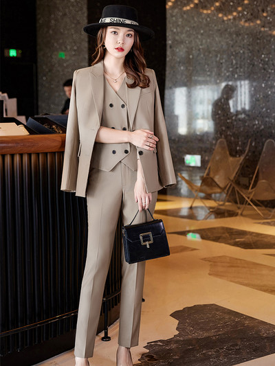 Visokokvalitetni ženski odijelo s hlačama, ženski ružičasto plavi tamnoplavi kaki formalni sako, prsluk i hlače od 3 dijela, komplet za posao i poslovnu odjeću