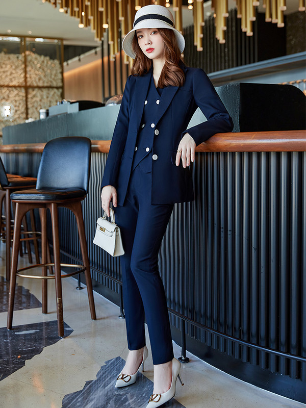 Visokokvalitetni ženski odijelo s hlačama, ženski ružičasto plavi tamnoplavi kaki formalni sako, prsluk i hlače od 3 dijela, komplet za posao i poslovnu odjeću