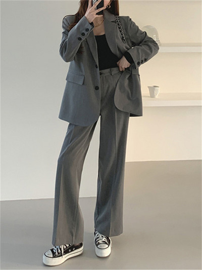 Costume Syiwidii pentru femei 2023 Noua modă coreeană cu mânecă lungă cu crestătură elegantă Blazer femei cu talie înaltă set de pantaloni de costum cu picioare late