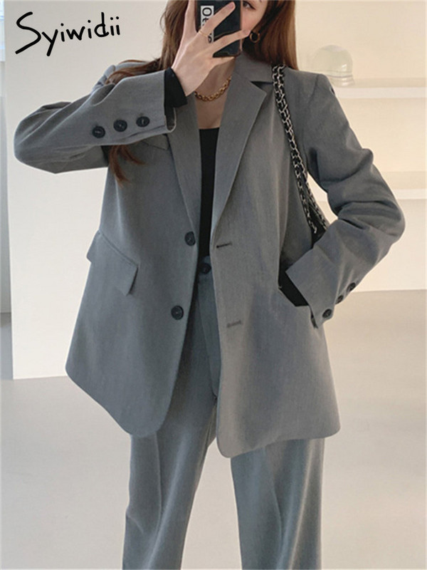 Costume Syiwidii pentru femei 2023 Noua modă coreeană cu mânecă lungă cu crestătură elegantă Blazer femei cu talie înaltă set de pantaloni de costum cu picioare late