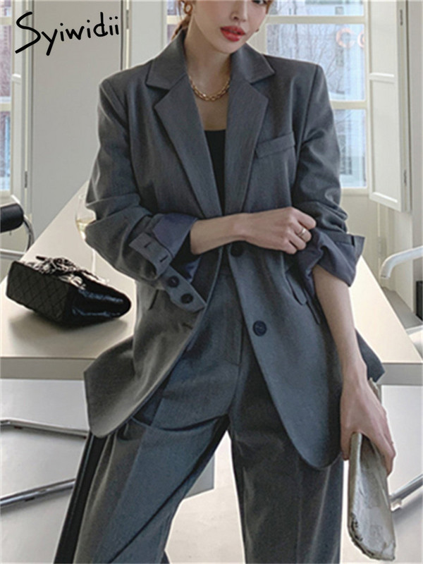 Costume Syiwidii pentru femei 2023 Noua modă coreeană cu mânecă lungă cu crestătură elegantă Blazer femei cu talie înaltă set de pantaloni de costum cu picioare late